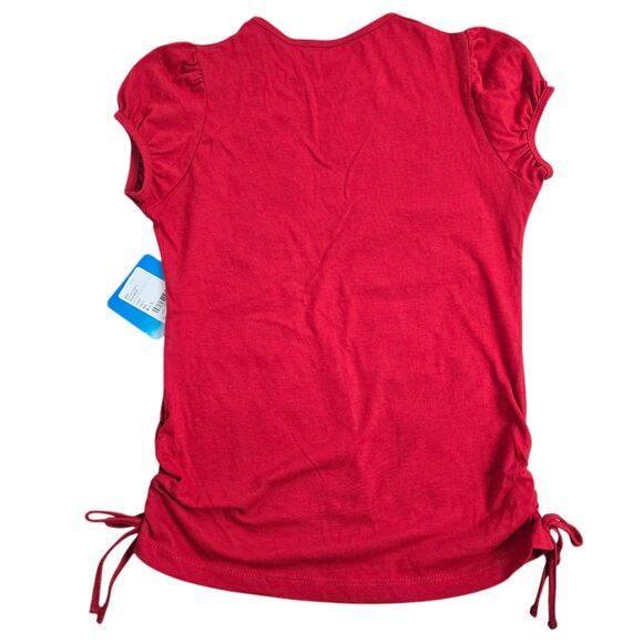 Disney Minnie Mouse Girls Red Glitter Shirt L/G 10/12 Short Sleeve w Side Ties - Picture 2 of 4